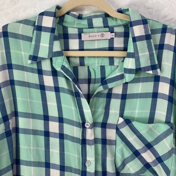 Billy T Lyocell Green & Blue Plaid Relaxed Flannel Sz Large - Picture 4 of 15